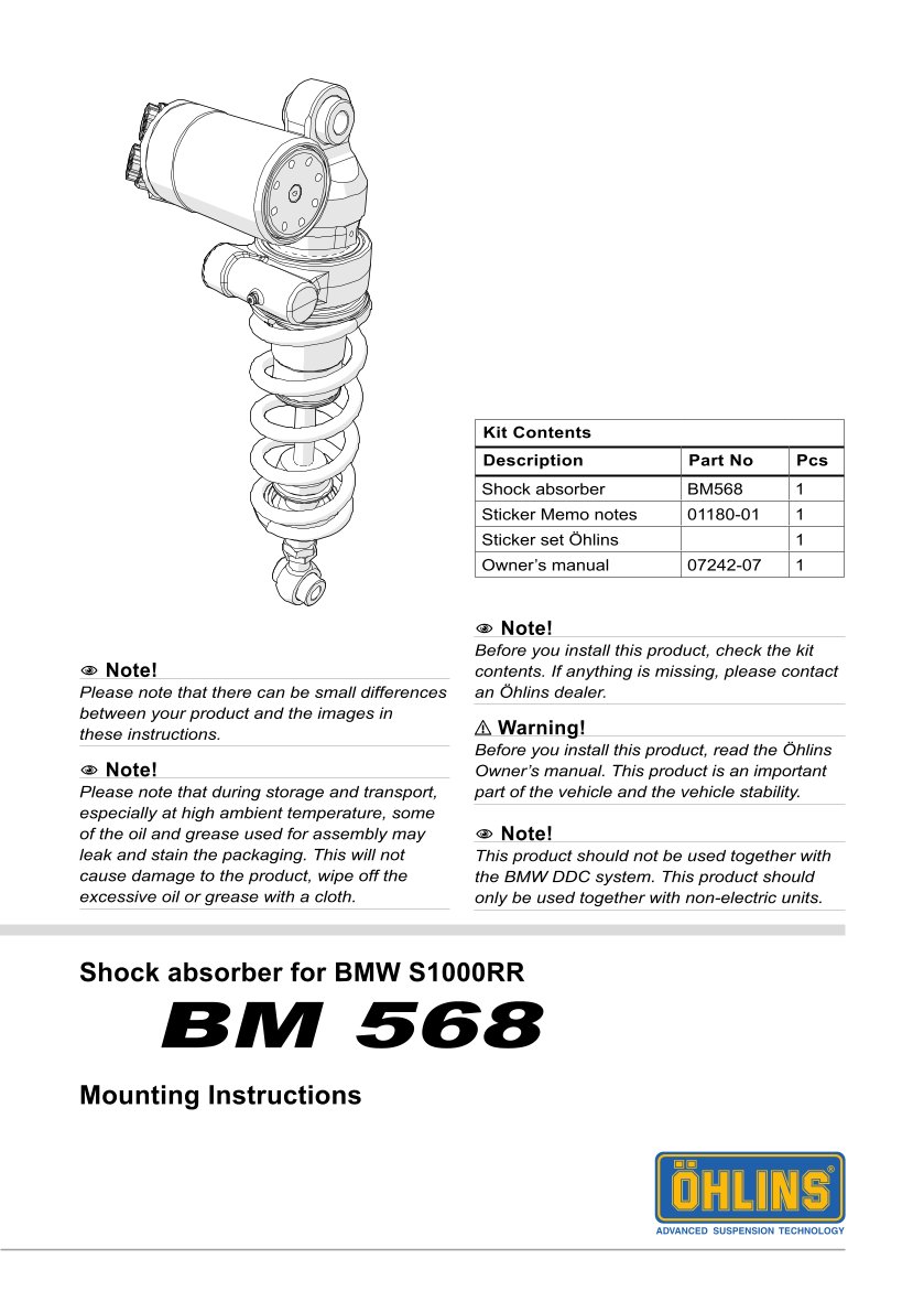 โช๊คหลังแต่ง Ohlins BM568 For BMW S 1000 RR ปี 2019-2022