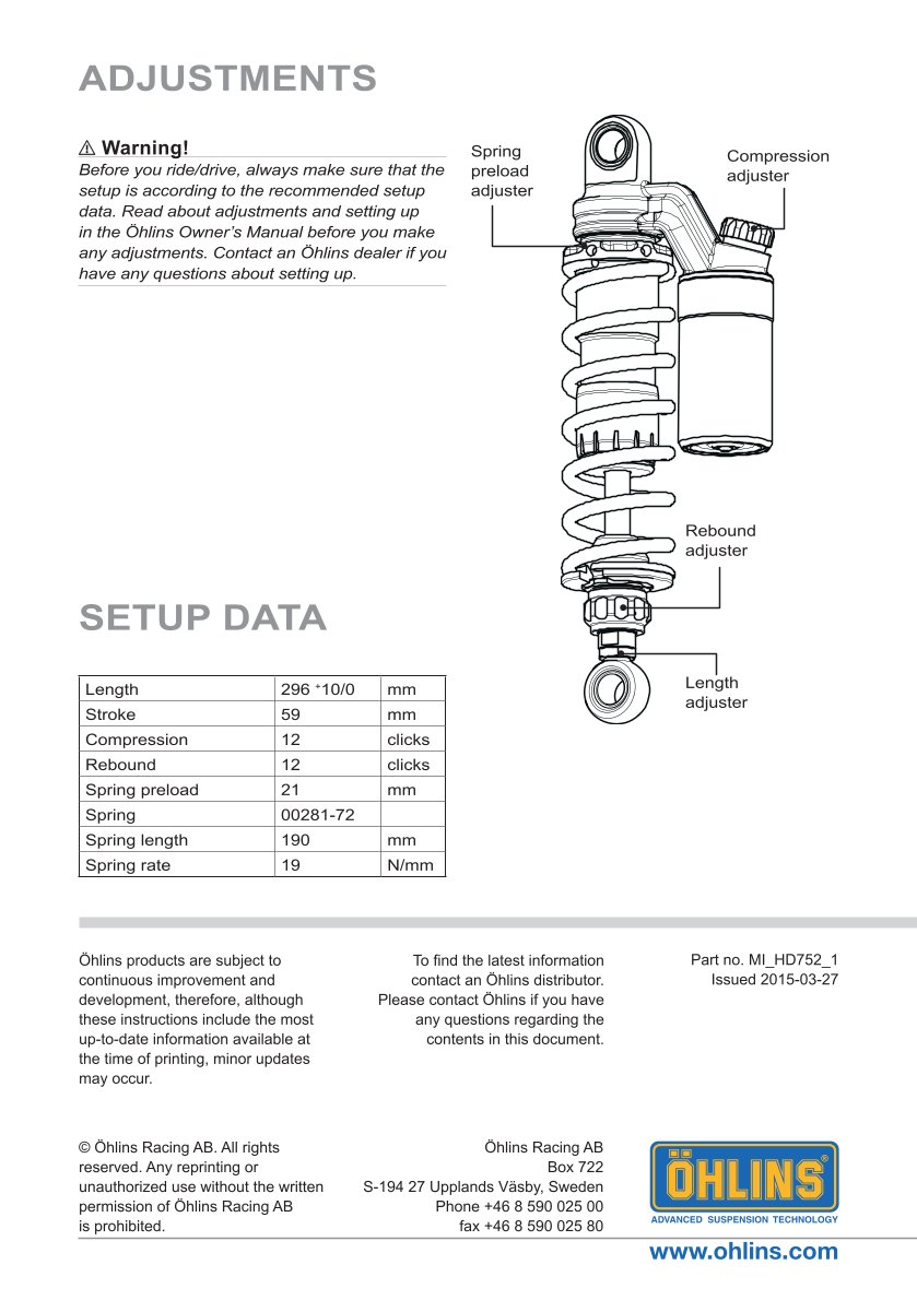 โช๊คหลังแต่ง Ohlins HD752 For Harley-Davidson XL Sportster ปี 2004-2022