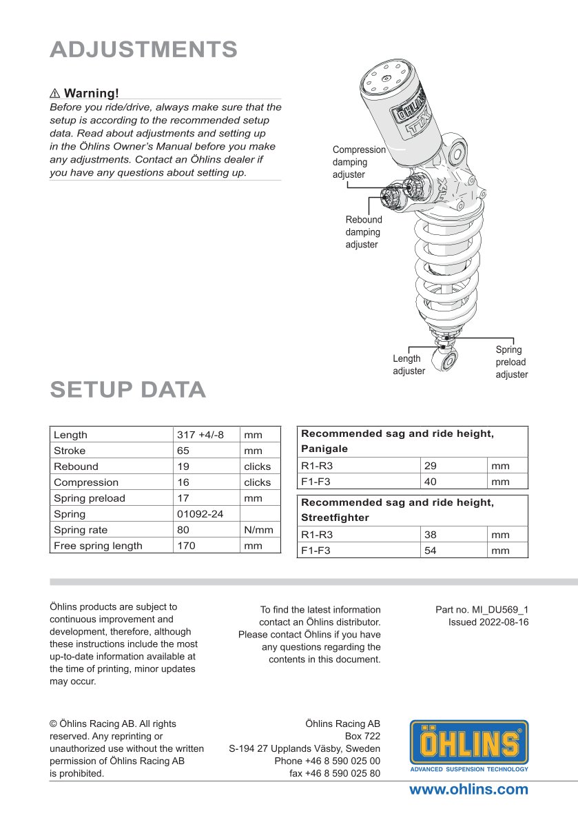 โช๊คหลังแต่ง Ohlins DU569 For Ducati Panigale V2 ปี 2020-2023