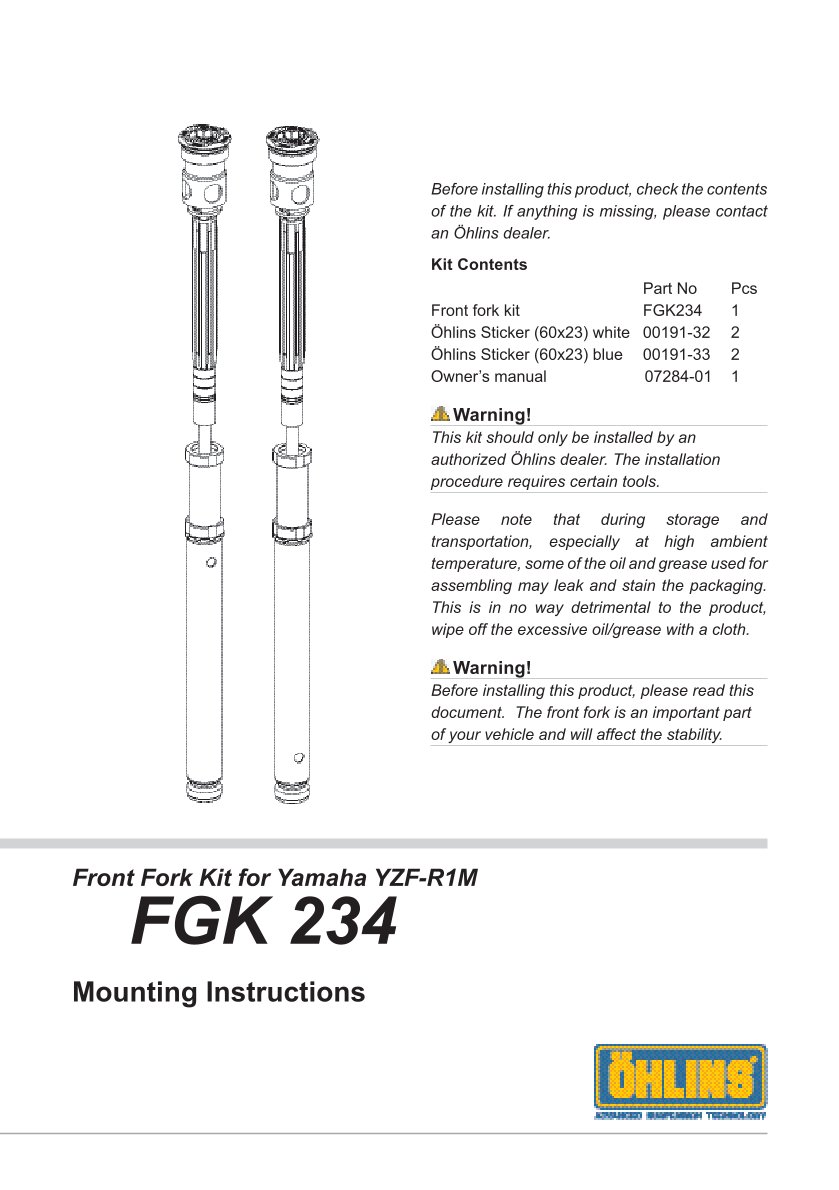 สปริงโช้คหน้า Ohlins FGK234 For Yamaha YZF R1M 2015-2019