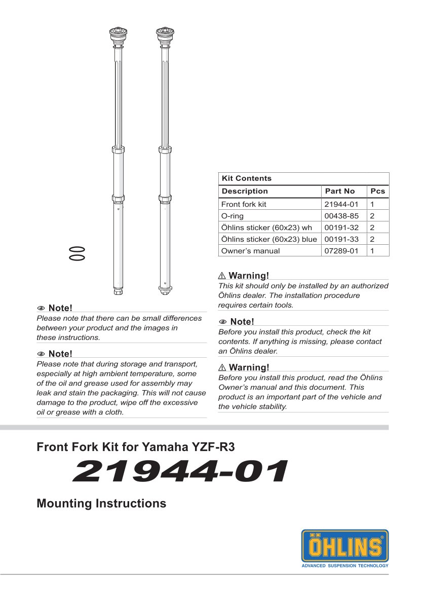 สปริงโช้คหน้า Ohlins 21944-01 For Yamaha R3 2019-2024