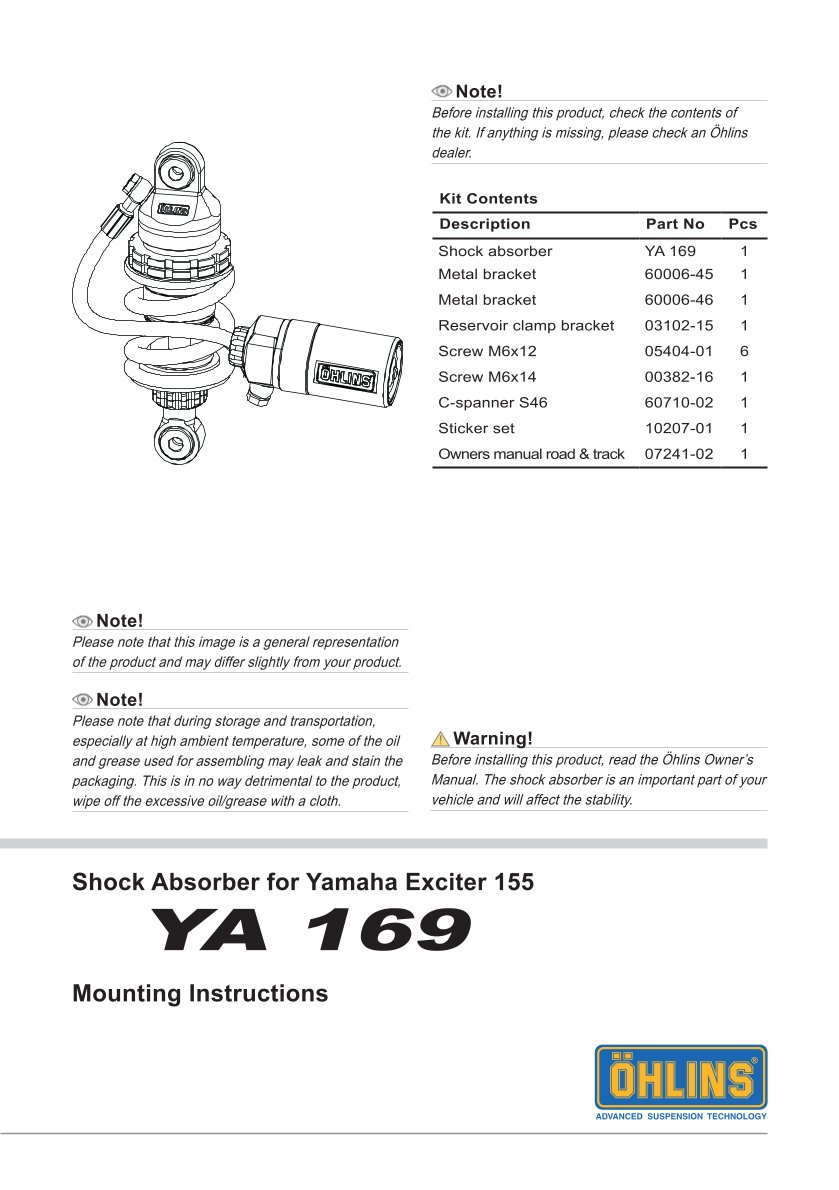 โช๊คหลังแต่ง Ohlins YA169 For Yamaha Exciter 155 / Y16ZR / Sniper 155 ปี 2021-2022