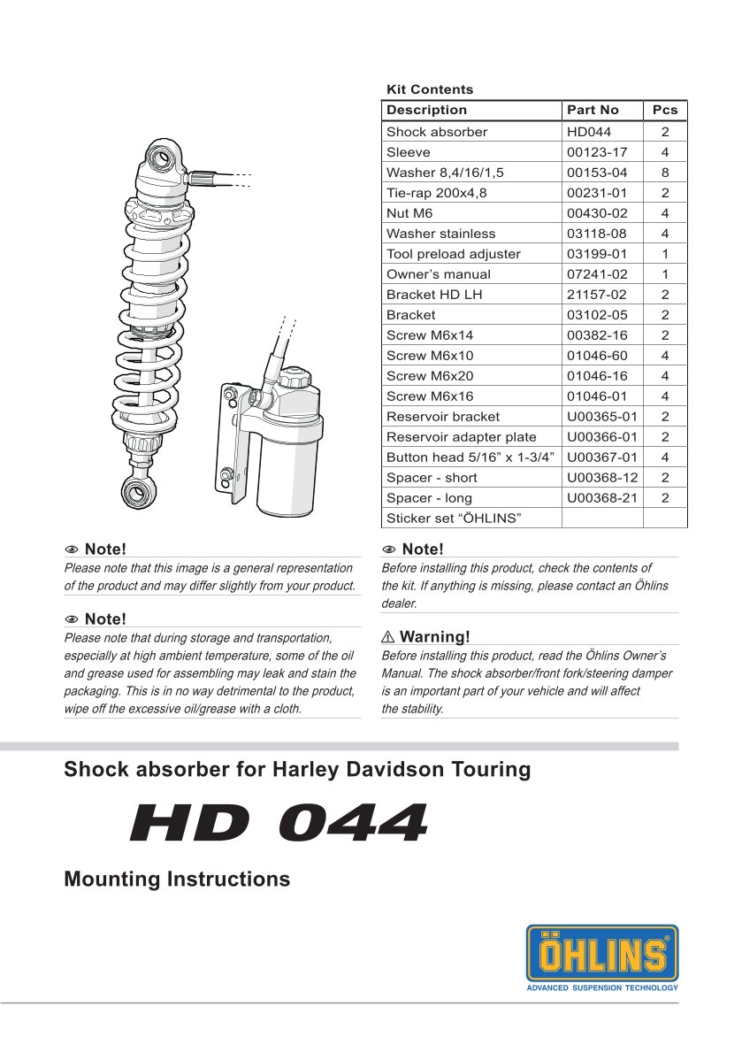 โช๊คหลังแต่ง Ohlins HD044 For Harley-Davidson FL Touring (Road King, Street Glide, Electra Glide etc) 2014-2024