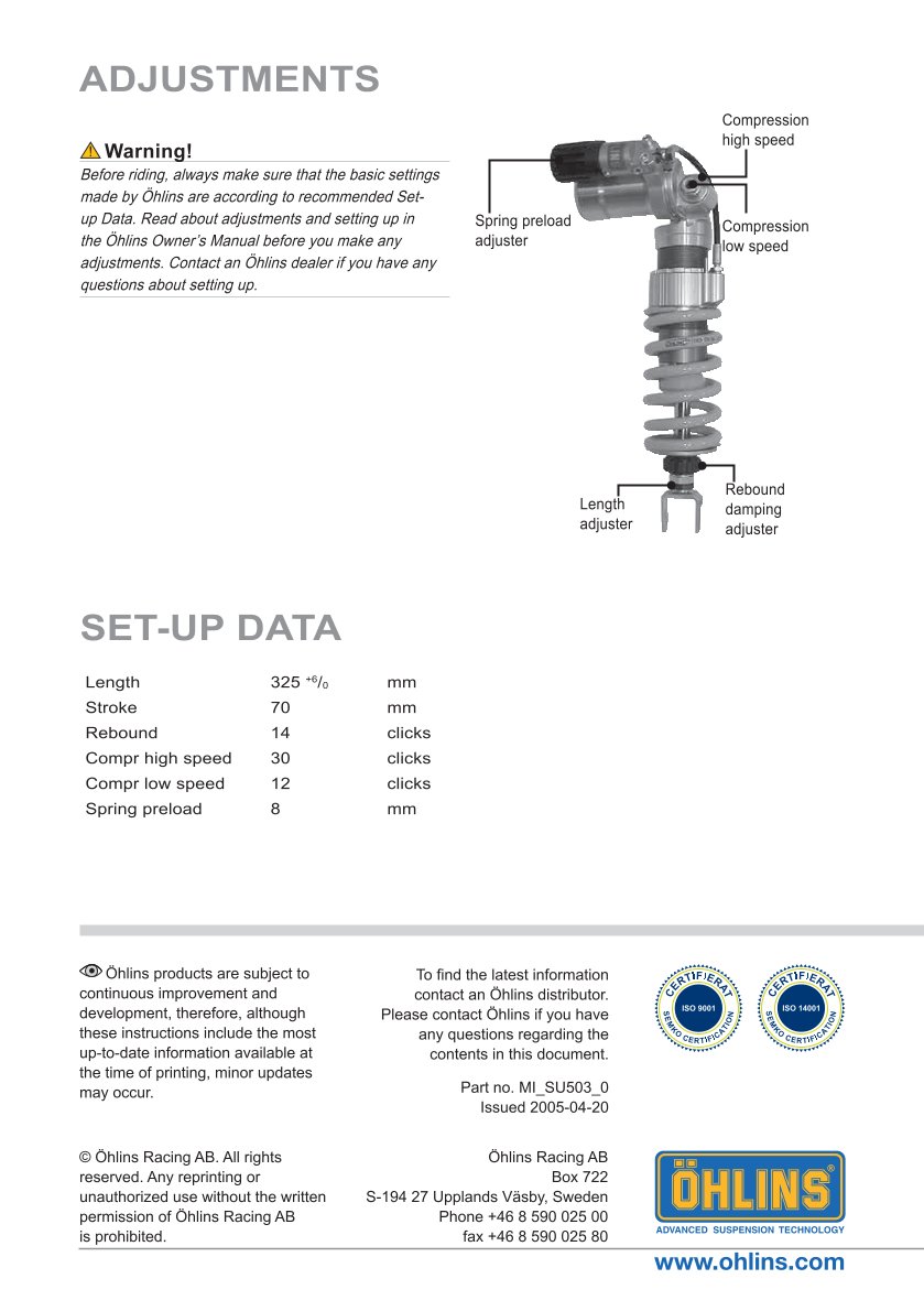 โช๊คหลังแต่ง Ohlins SU503 For Suzuki GSX-R 1000 ปี 2005-2006