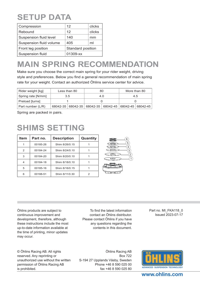 สปริงโช้คหน้า Ohlins FKA118 For Honda CRF300L(Asia) 2021-2023