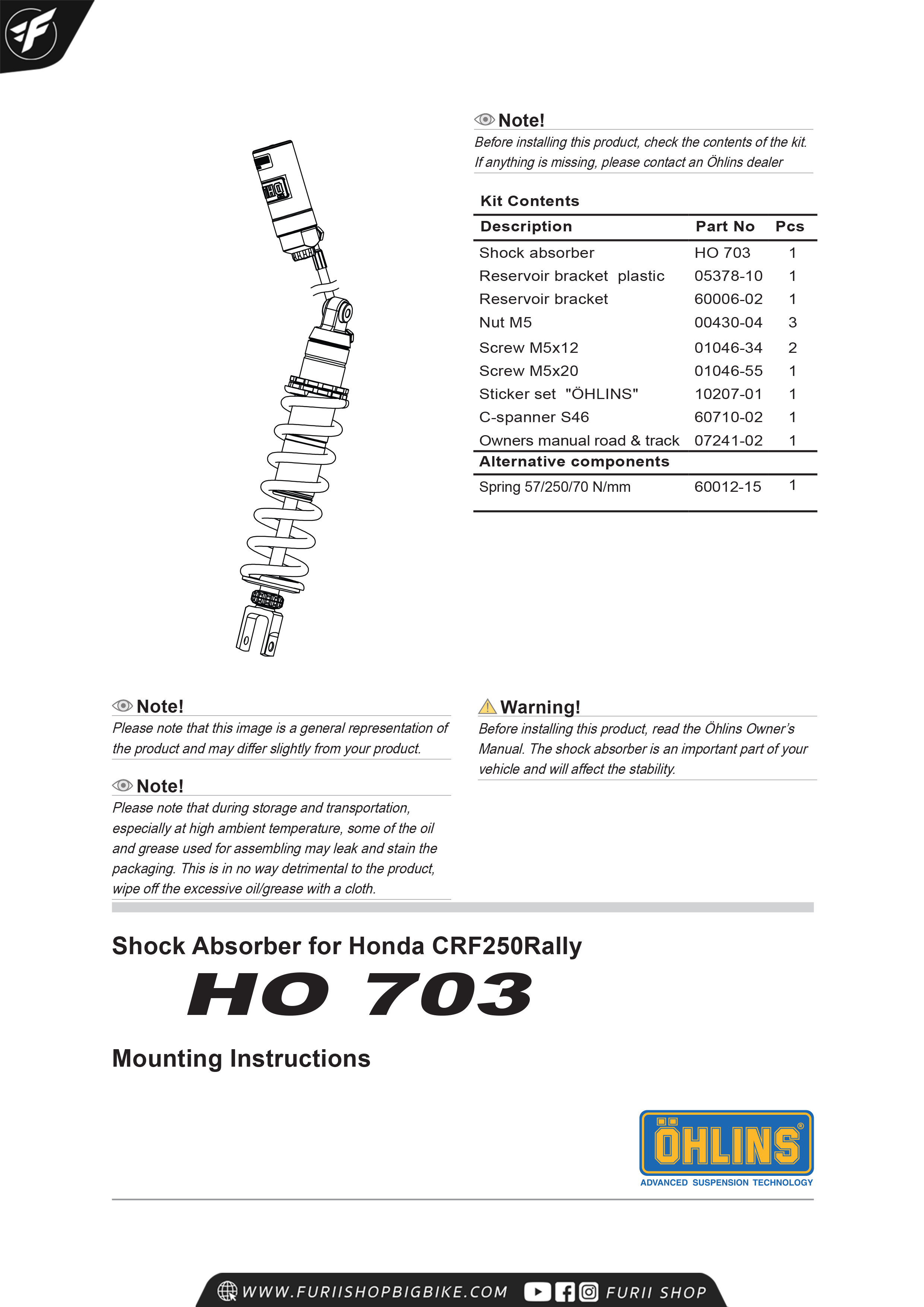 โช๊คหลัง โช๊คแต่ง โช๊คมอเอตร์ไซค์ OHLINS HO703 FOR HONDA CRF250 R