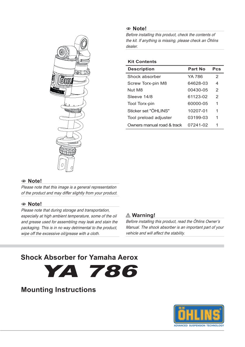 โช๊คหลังแต่ง Ohlins YA786 For Yamaha Aerox/NVX 155 ปี 2017-2020