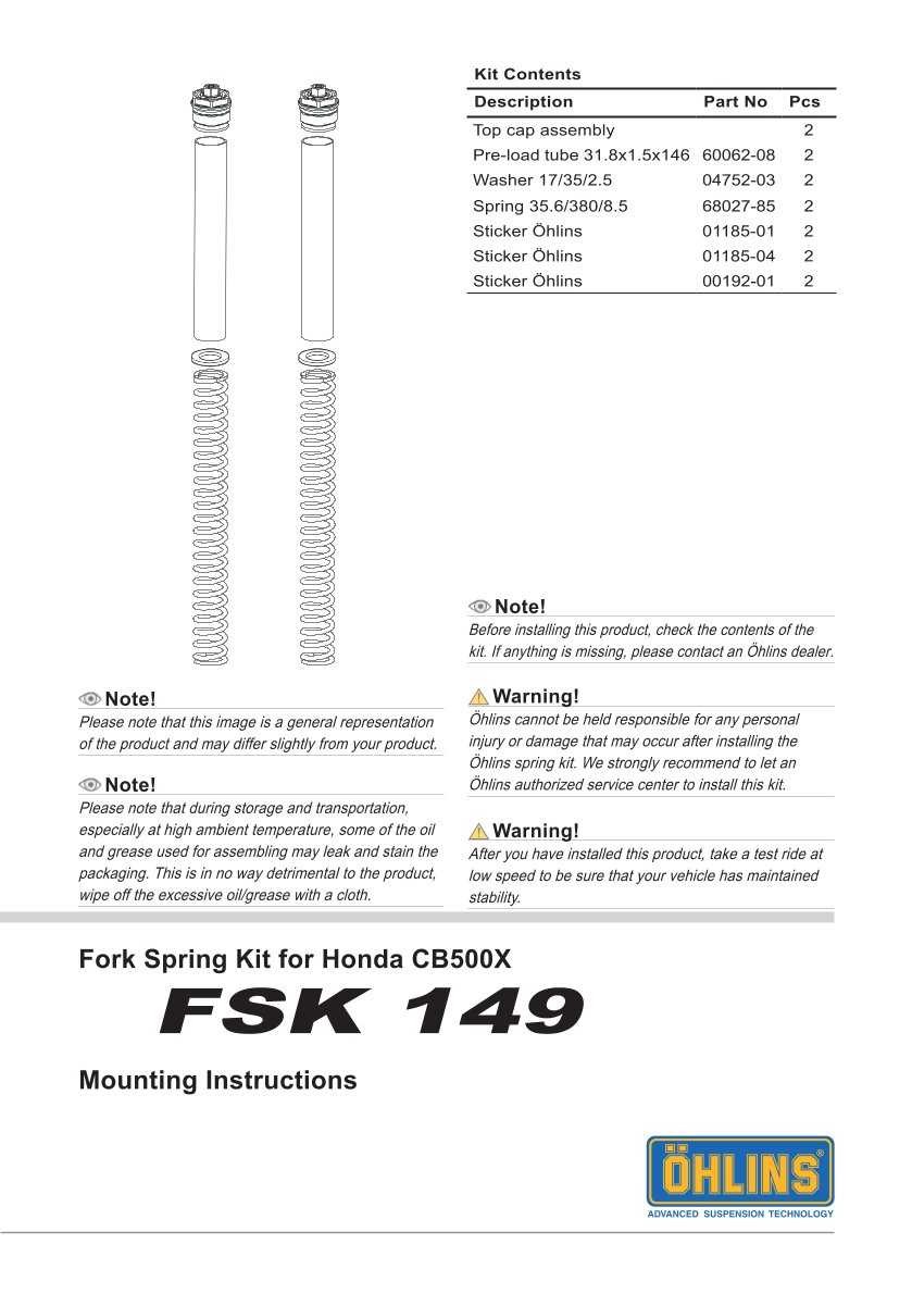 สปริงโช้คหน้า Ohlins FSK149 For Honda CB500X 2019-2020