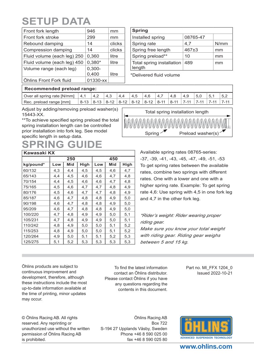 โช้คหน้า OHLINS FFX1204 FOR Kawasaki KX 250F 2021-2024