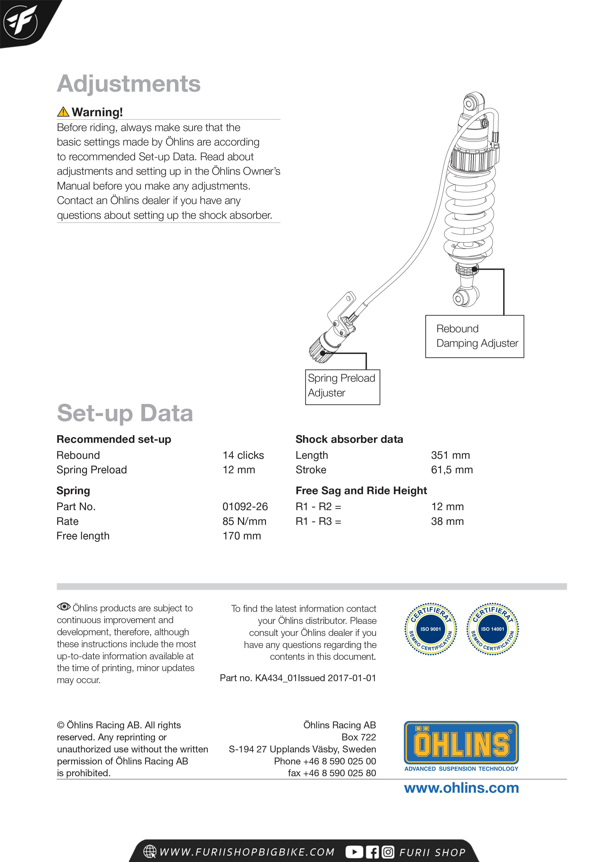โช๊คหลัง OHLINS Sweden KA434 For Kawasaki Z1000 2014-2016 มาพร้อมรีโมทปรับรีบาวน์