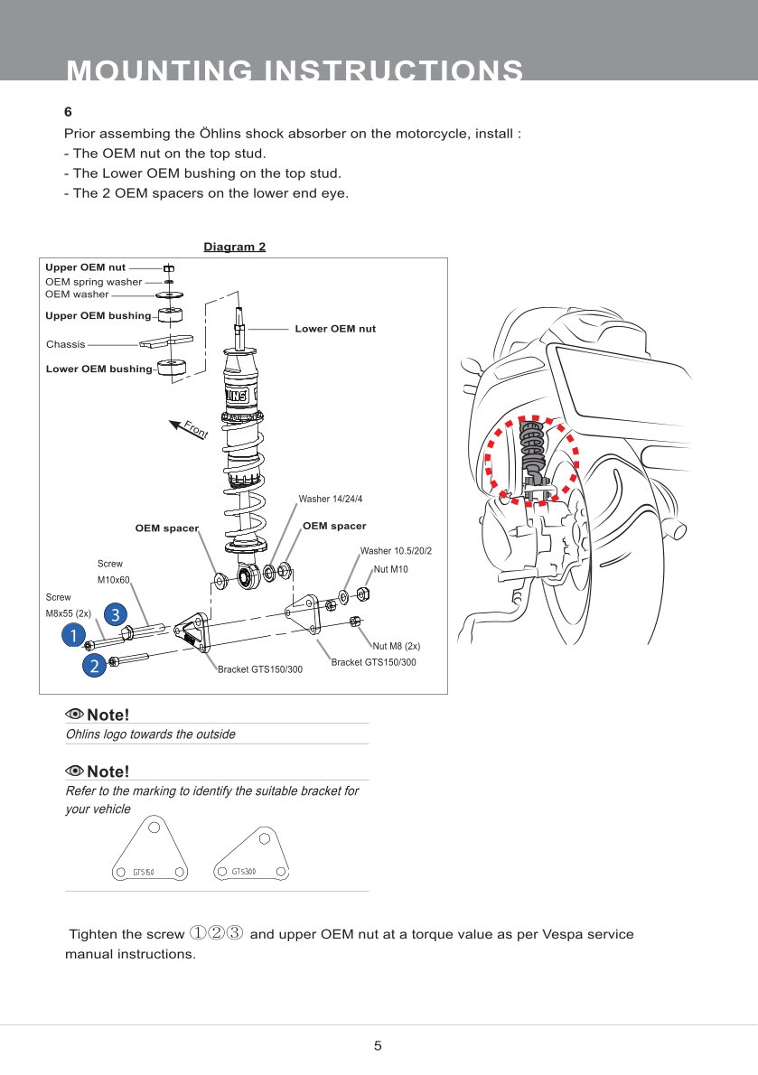 โช๊คหลังแต่ง Ohlins PI903 For Vespa GTS150/GTS300 ปี 2019-2023