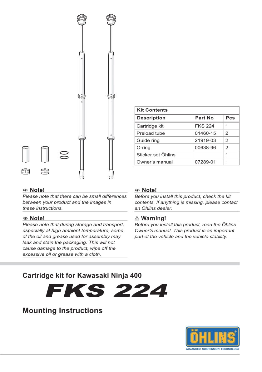 สปริงโช้คหน้า Ohlins FKS224 For Kawasaki Ninja 400 2018-2023