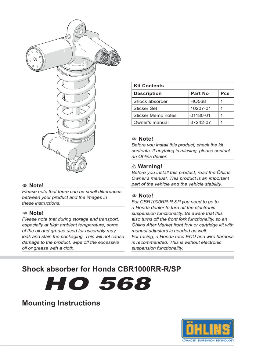 โช๊คหลังแต่ง Ohlins HO568 For Honda CBR1000RR-R SP (Öhlins FL 941) ปี 2020-2023