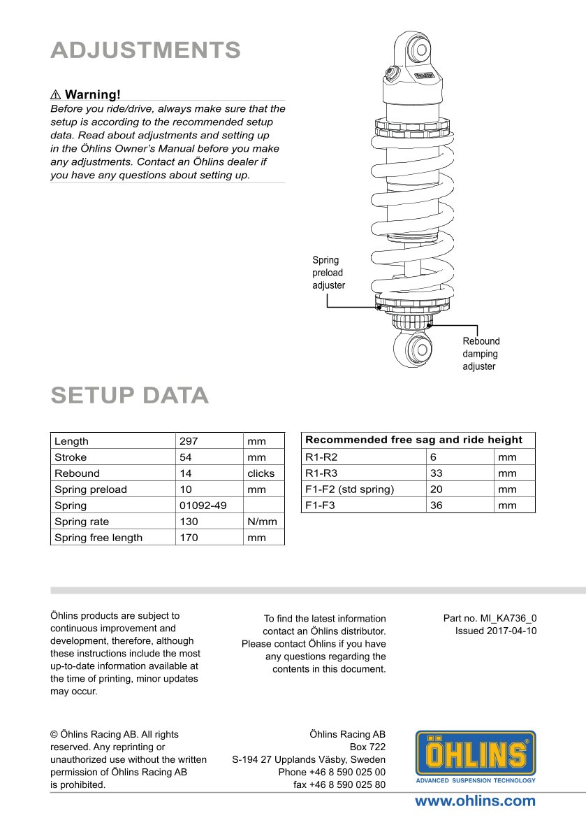 โช๊คหลังแต่ง Ohlins KA736 For Kawasaki Ninja 650 (EX650) ปี 2017-2024