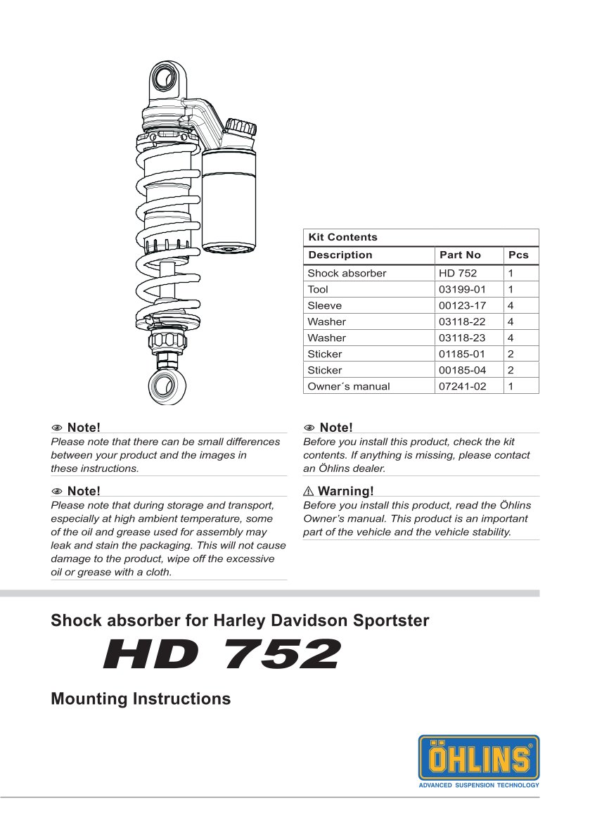 โช๊คหลังแต่ง Ohlins HD752 For Harley-Davidson XL Sportster ปี 2004-2022