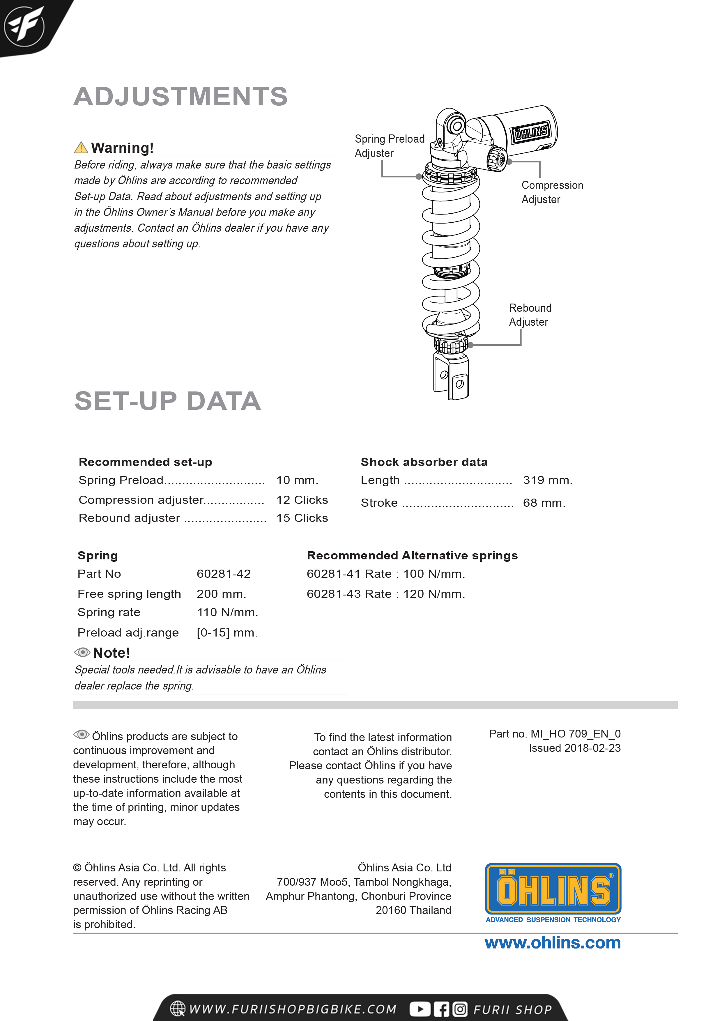 โช้คหลัง OHLINS HO709 FOR Honda CBR250RR 2017-2018