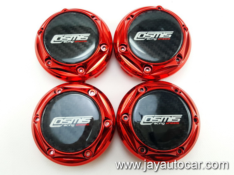 ฝาล้อรถยนต์ แม็กแต่ง ขนาด 73.5 มิล สำหรับ ล้อแม็ก โลโก้ COSMIS RACING WHEELS สีแดง 1ชุด 4ชิ้น 73.5mm.