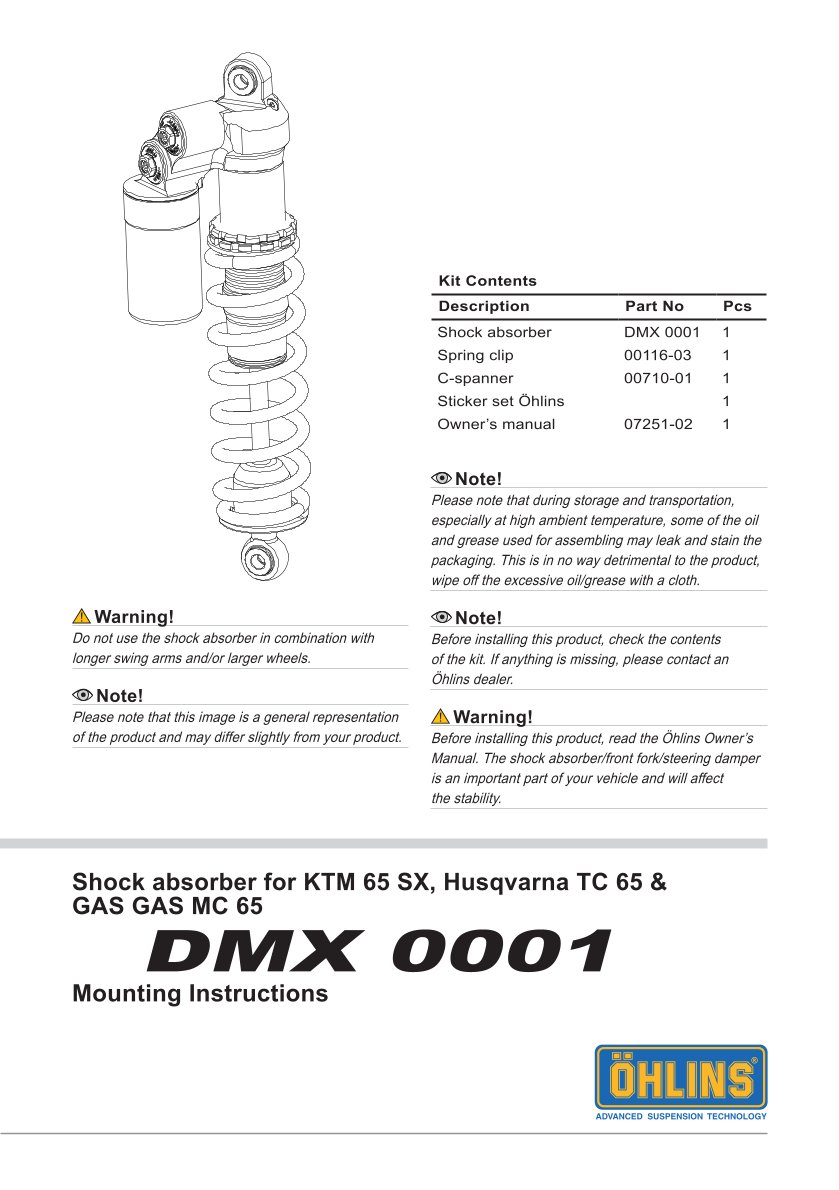 โช๊คหลังแต่ง Ohlins DMX0001 For Husqvarna TC 65 ปี 2016-2023