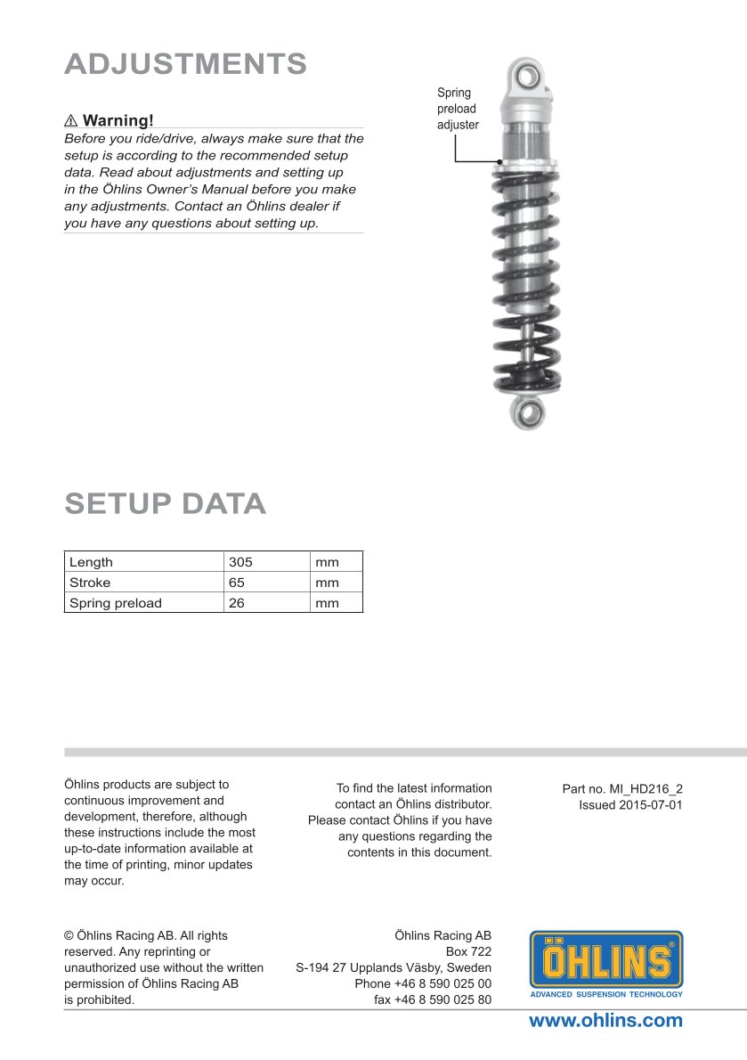 โช๊คหลังแต่ง Ohlins HD216 For Harley-Davidson Dyna FXD ปี 1991-2017