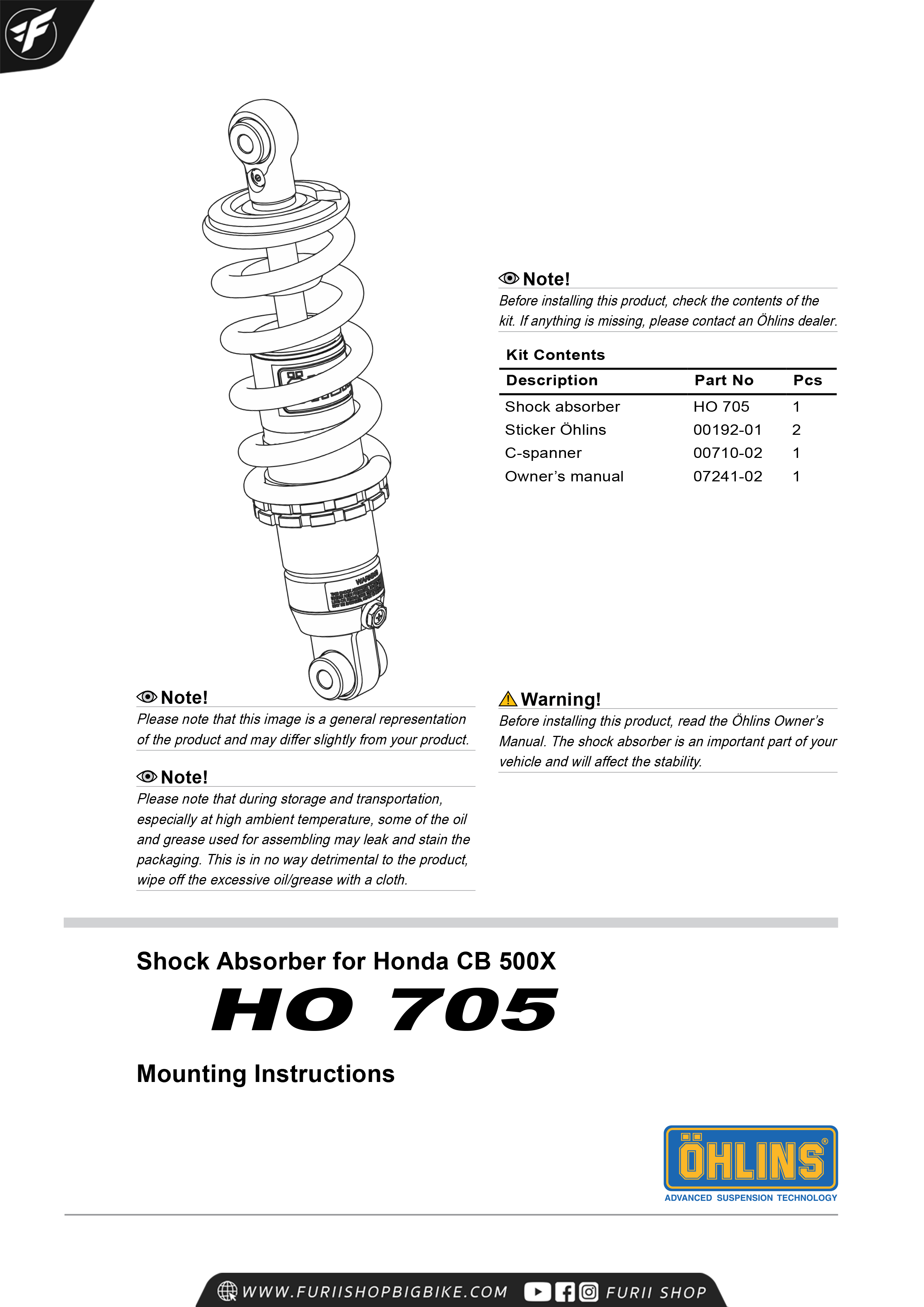 โช๊คหลัง OHLINS HO705 FOR HONDA CB500X