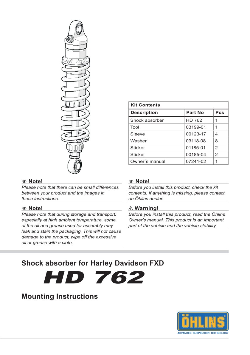 โช๊คหลังแต่ง Ohlins HD762 For Harley-Davidson Dyna FXD ปี 1991-2017