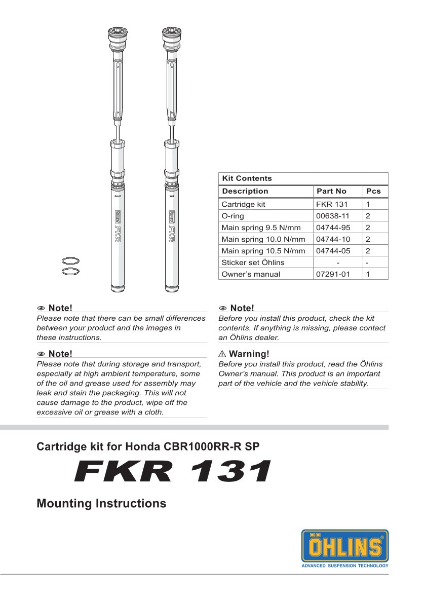 สปริงโช้คหน้า Ohlins FKR131 For Honda CBR1000RR-R SP (Öhlins FL 971) 2024