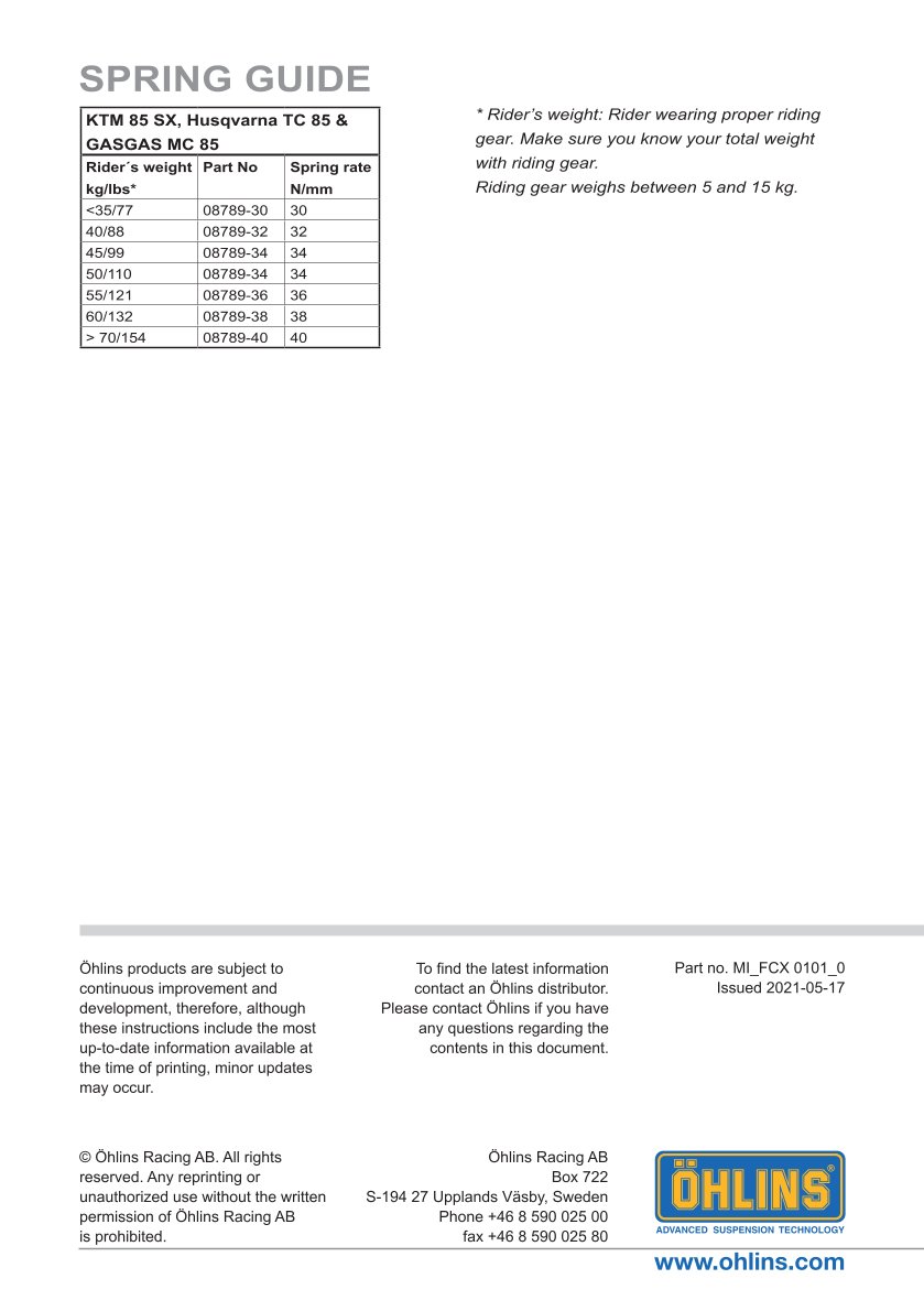 สปริงโช้คหน้า Ohlins FCX0101 For Husqvarna TC 85 14"/17" 2018-2023