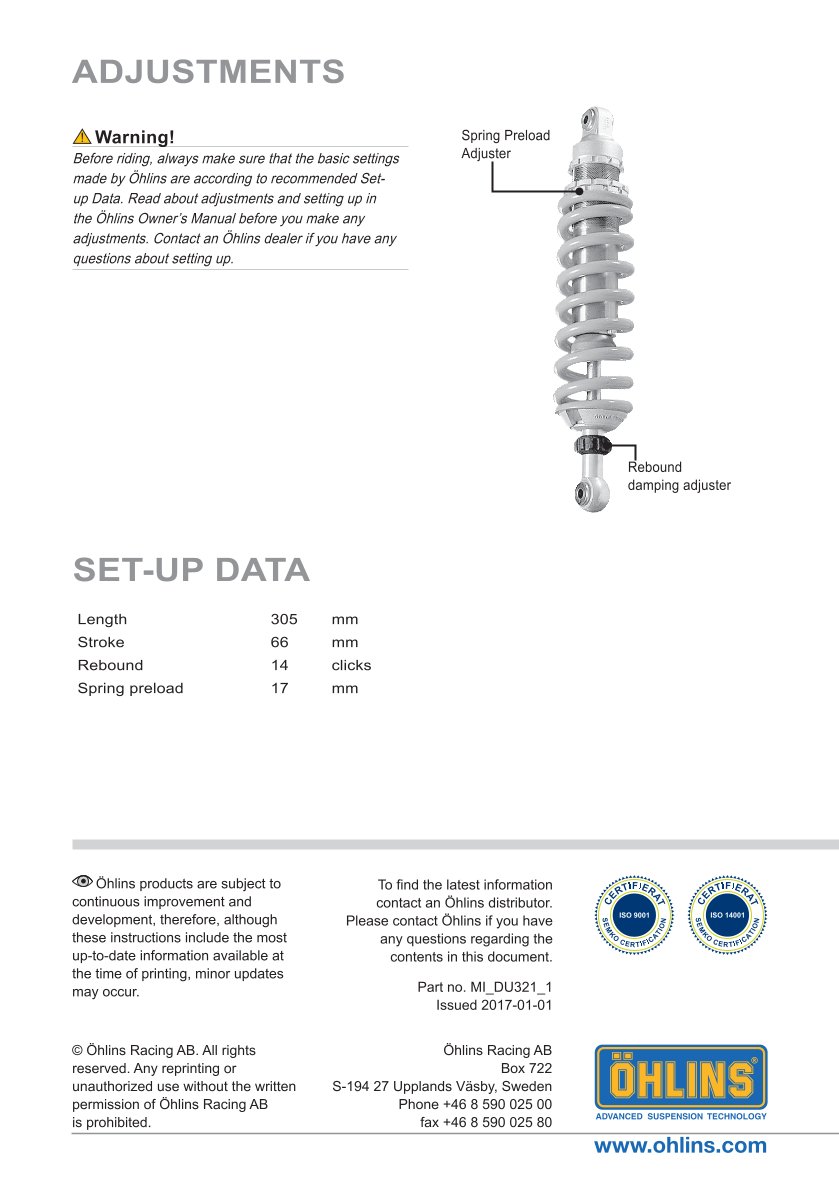 โช๊คหลังแต่ง Ohlins DU321 For Ducati Monster 750 ปี 2002