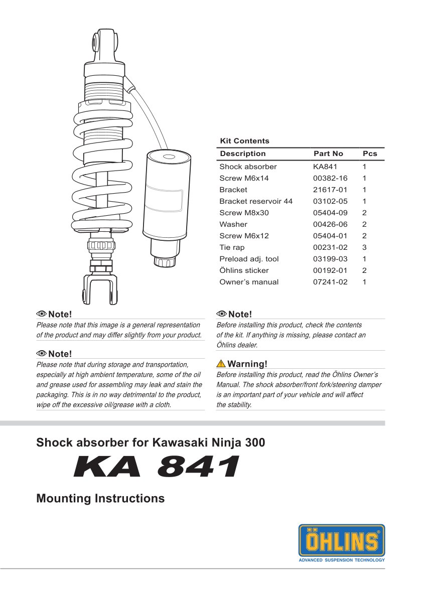 โช๊คหลัง OHLINS Sweden KA841 For Kawasaki Ninja250R 2009-2016