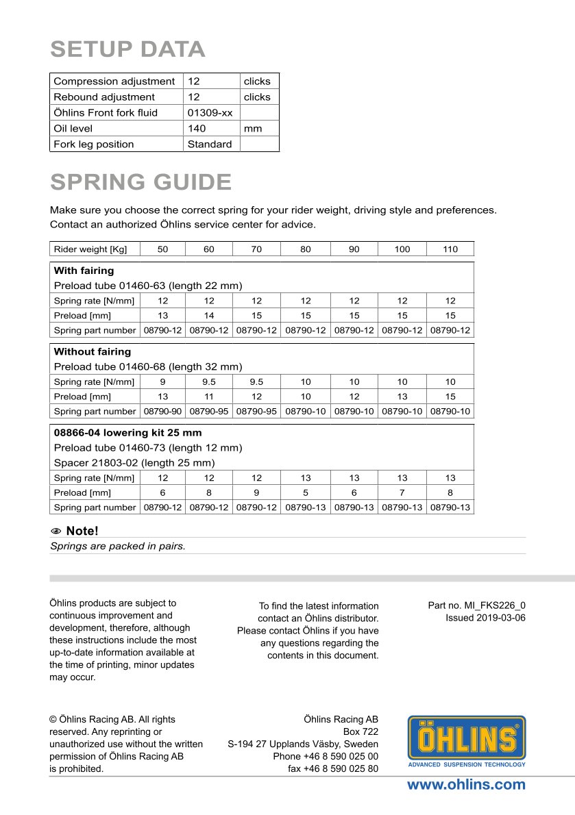 สปริงโช้คหน้า Ohlins FKS226 For Harley-Davidson FL Touring (Electra Glide, Street Glide, Road Glide, Ultra Classic) 2014-2016