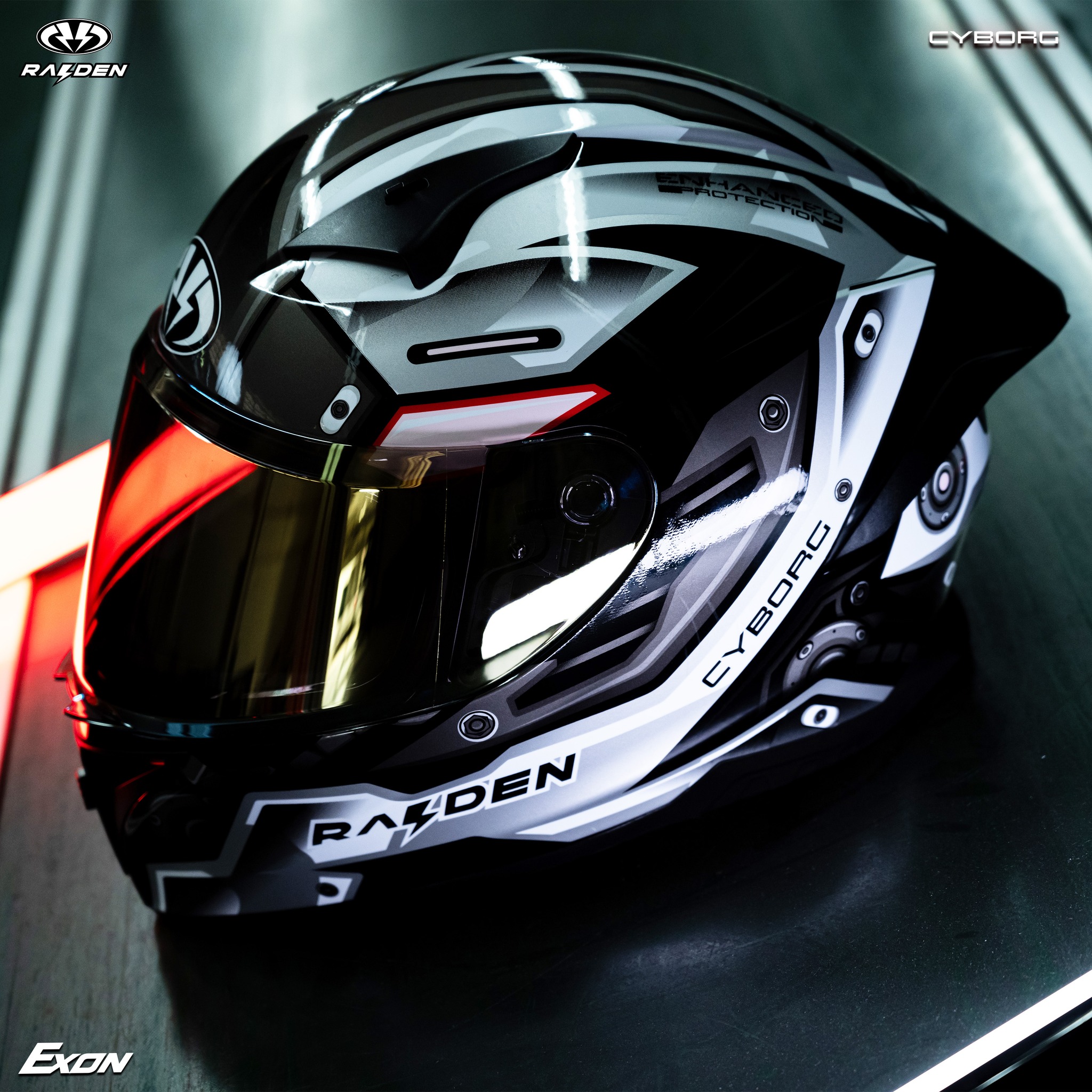 หมวกกันน็อคเต็มใบ RAIDEN รุ่น EXON ลาย CYBORG รองรับการติดตั้ง Bluetooth สปอยเลอร์หลังดีไซน์โฉบเฉี่ยวทันสมัย