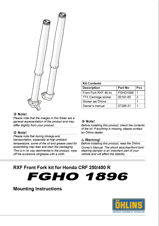 โช๊คหน้า โช๊คอัพ โช๊คแต่ง โช๊คมอเอตร์ไซค์ OHLINS FGHO1896 RXF48 FOR HONDA CRF250R 2016-2018