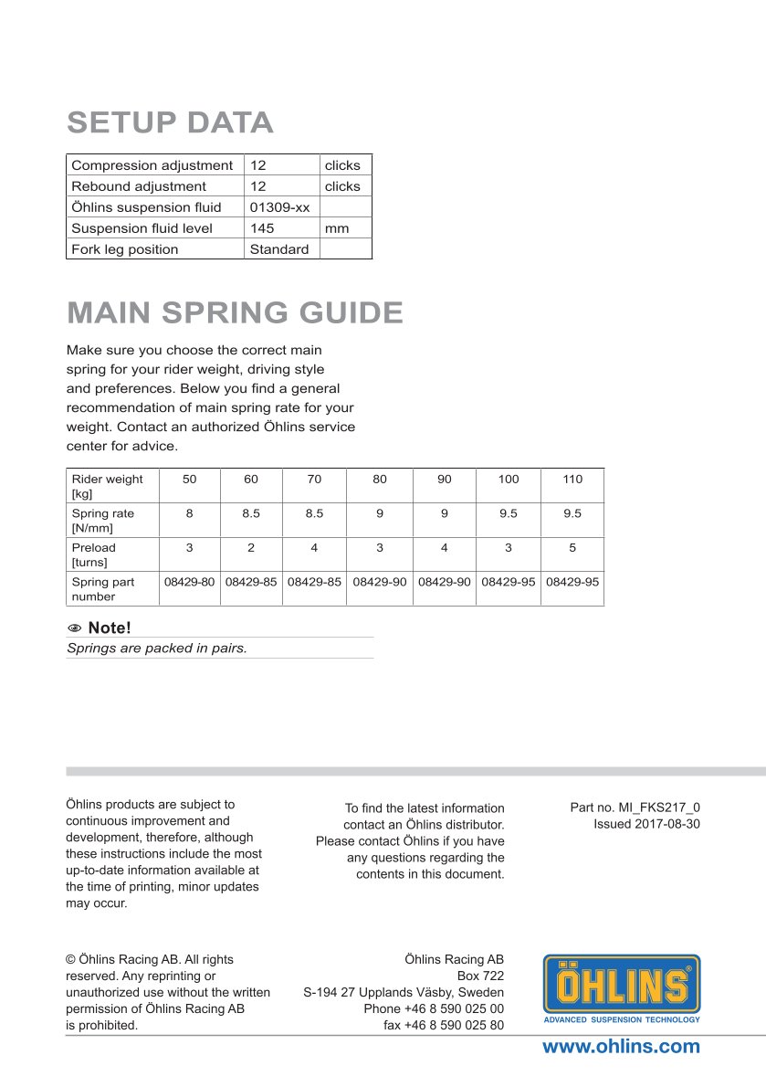 สปริงโช้คหน้า Ohlins FKS217 For Suzuki SV 650 2017-2024