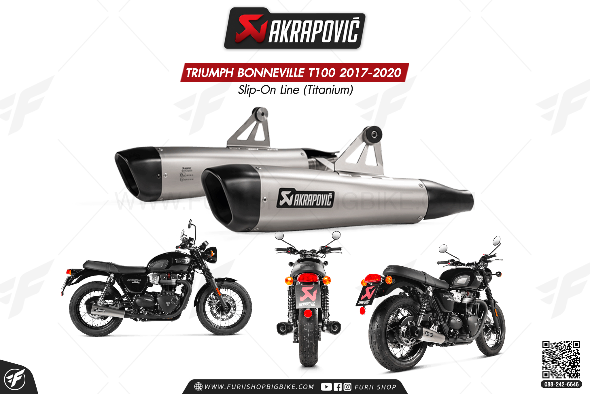ท่อแต่ง Akrapovic Exhaust Slip-On Line (Titanium) TRIUMPH BONNEVILLE T100 2017-2020