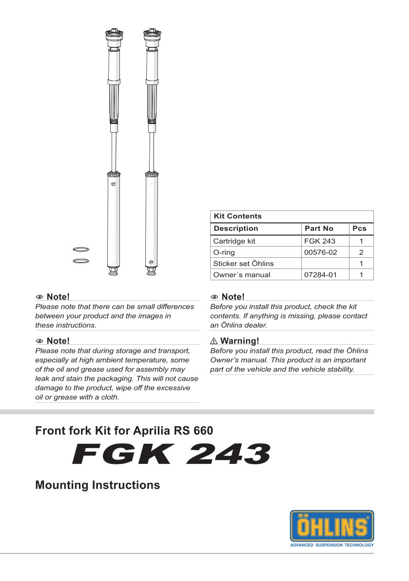 สปริงโช้คหน้า Ohlins FGK243 For Aprilia RS 660 2021-2022