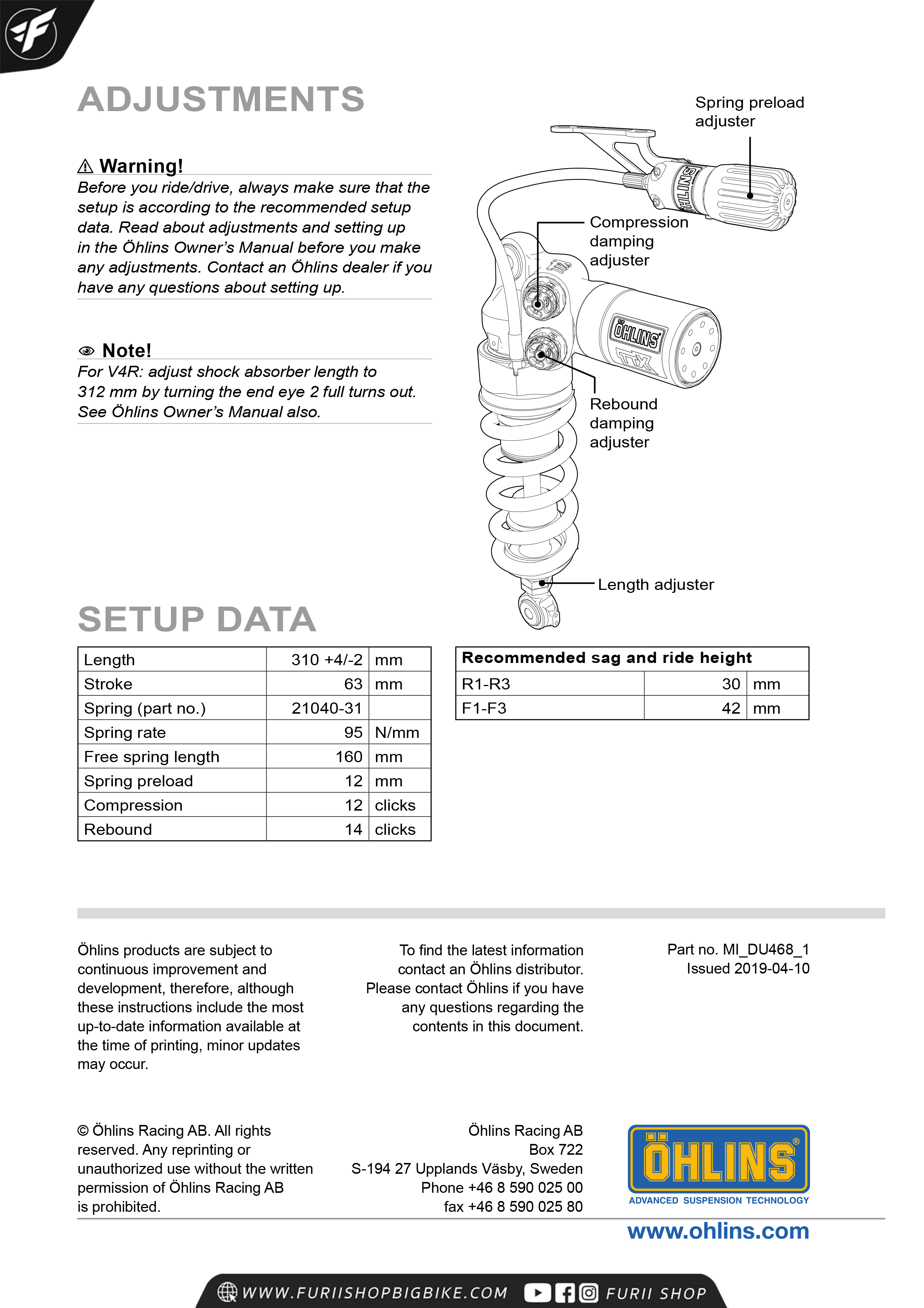 โช๊คหลัง OHLINS Sweden DU468 For Ducati Panigale V4/S 2018