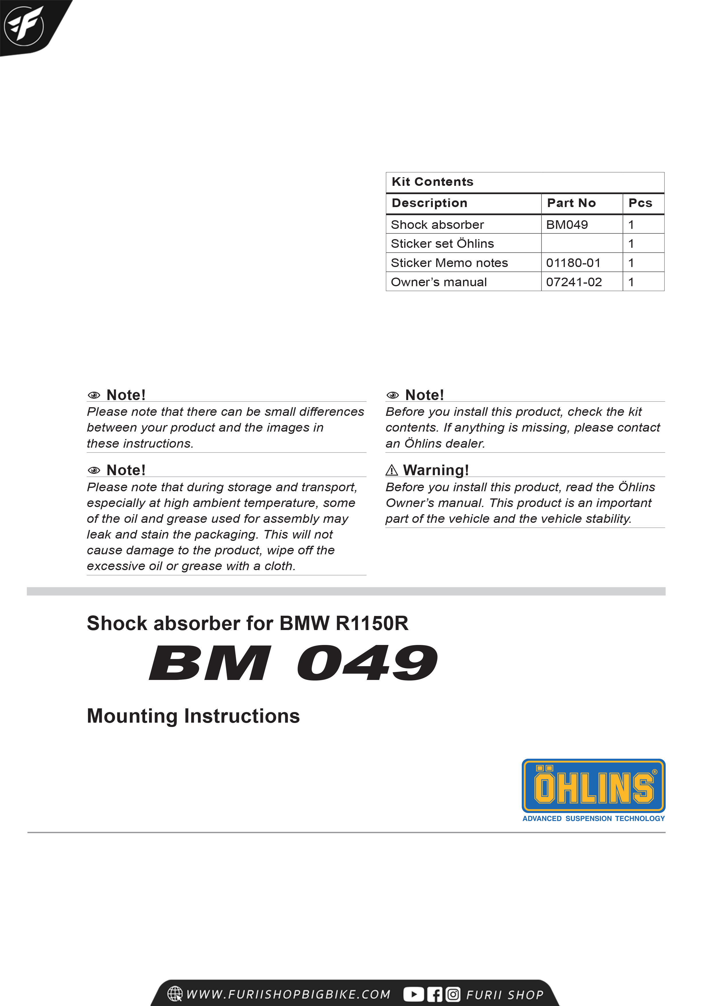 โช๊คหลัง OHLINS Sweden BM049 For R1150R 2001-2006