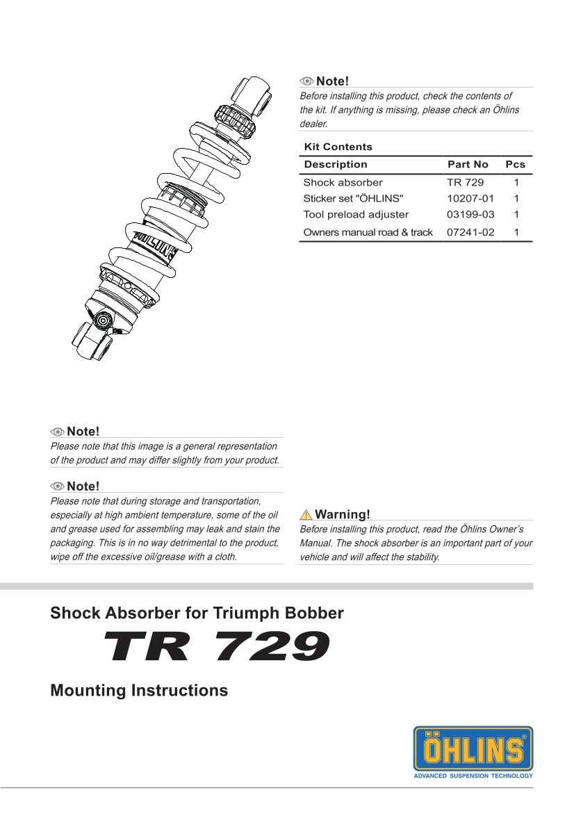 โช๊คหลังแต่ง Ohlins TR729 For Triumph Bonneville Bobber/Black ปี 2017-2023