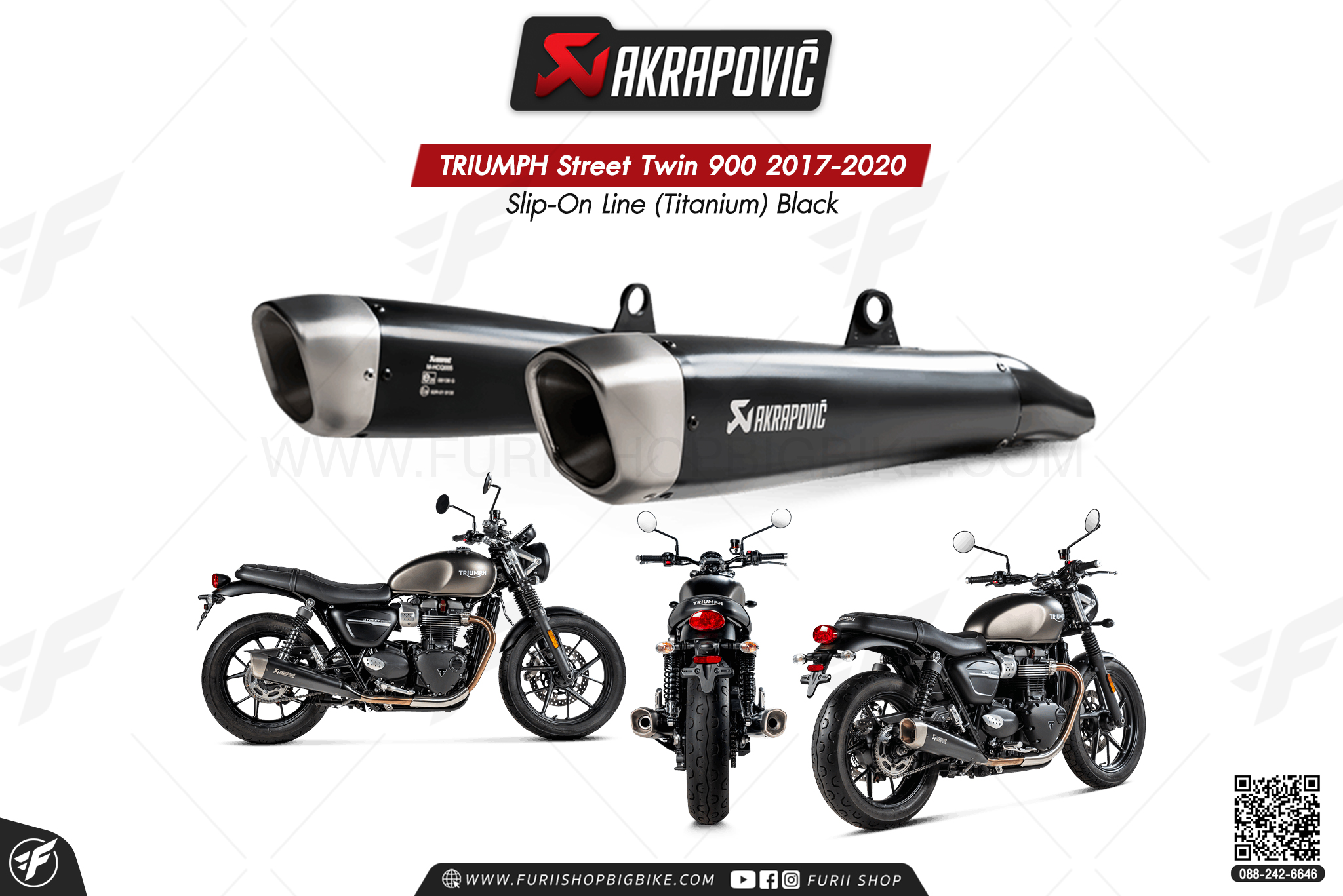 ท่อแต่ง Akrapovic Exhaust Slip-On Line (Titanium) Black TRIUMPH Street Twin 900 2017-2020