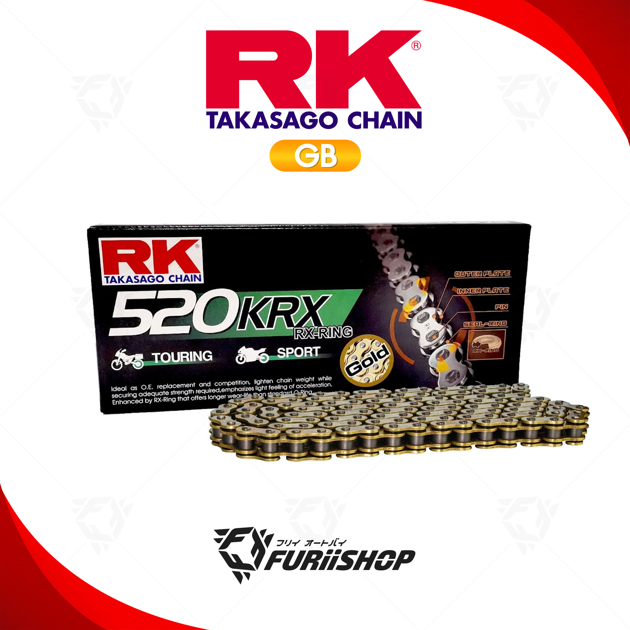 โซ่ RK แท้ 520KRX RX-Ring Chain GR520KRX-120L (สี Full Gold) สำหรับรถมอเตอร์ไซค์ 250-800cc