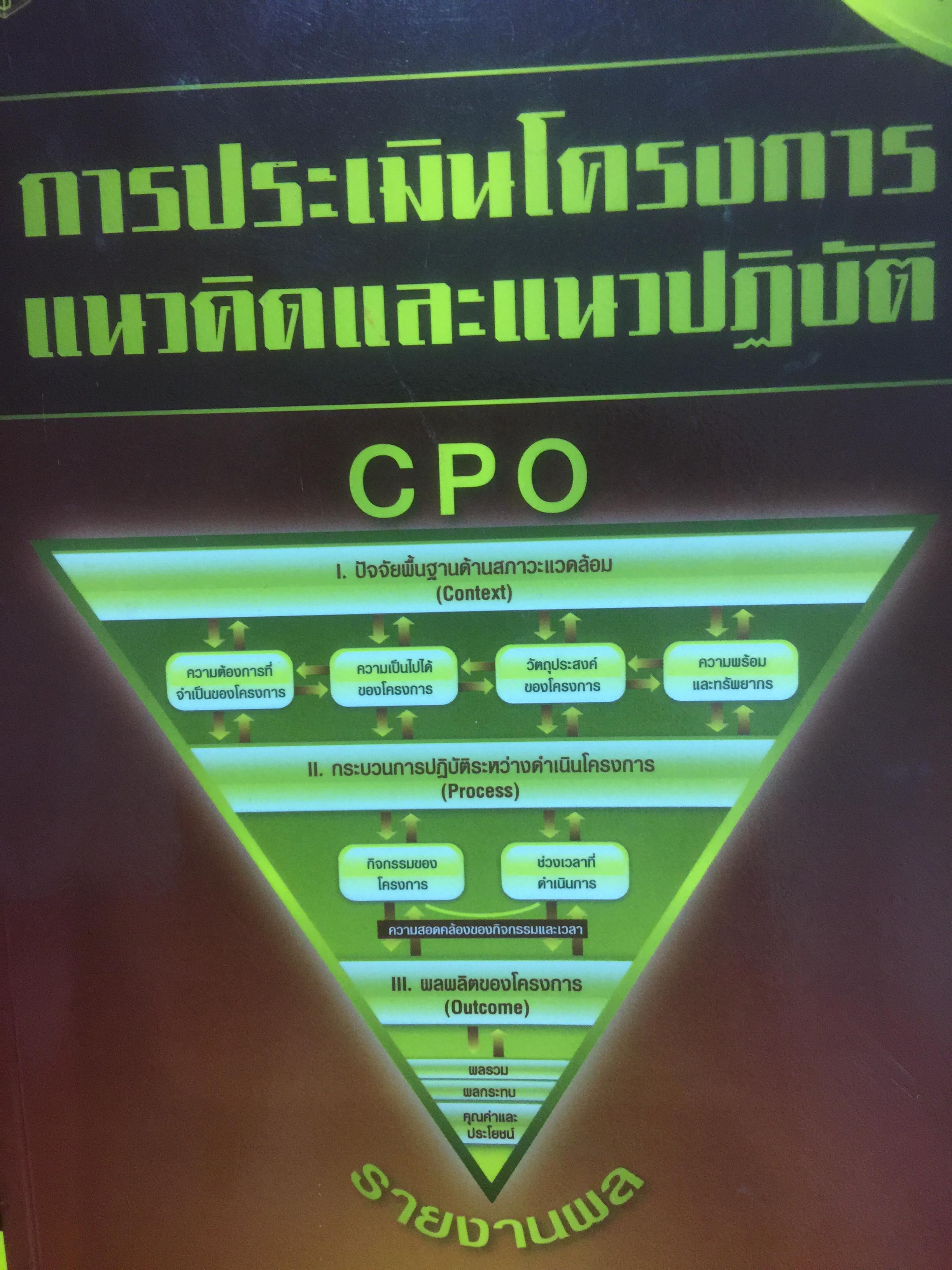 การประเมินโครงการ แนวคิดและแนวปฎิบัติ CPO. ผู้เขียน เยาวคี รางชัยกุล วิบูลย์ศรี. สำนักพิมพ์แห่งจุฬาลงกรณ์มหาวิทยาลัย 2,300 กรัม