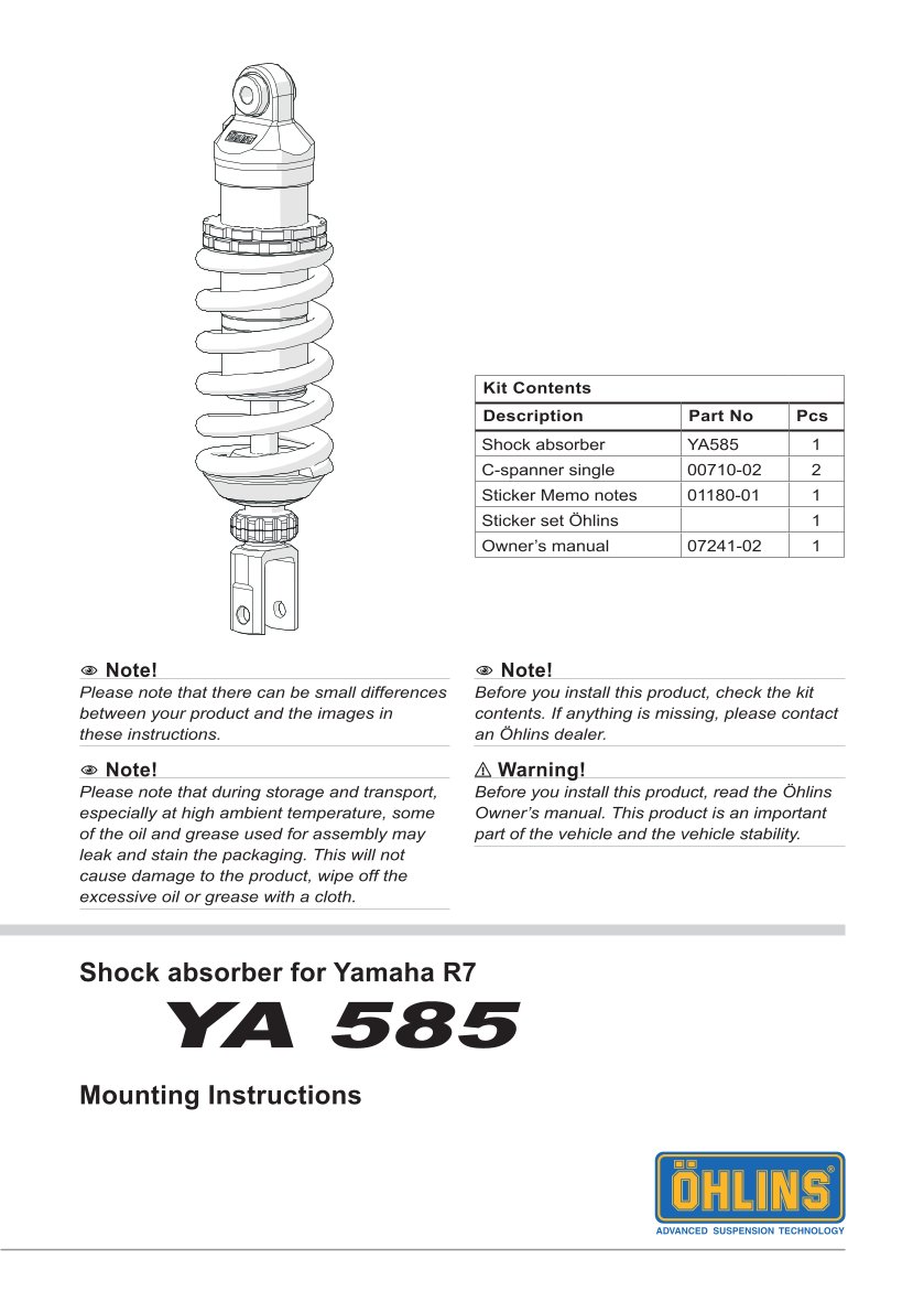 โช๊คหลังแต่ง Ohlins YA585 For Yamaha YZF R7 ปี 2021-2024