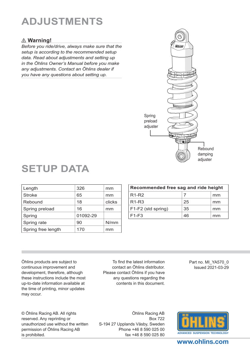 โช๊คหลังแต่ง Ohlins YA570 For Yamaha MT-09 (FZ-09) ปี 2021-2023