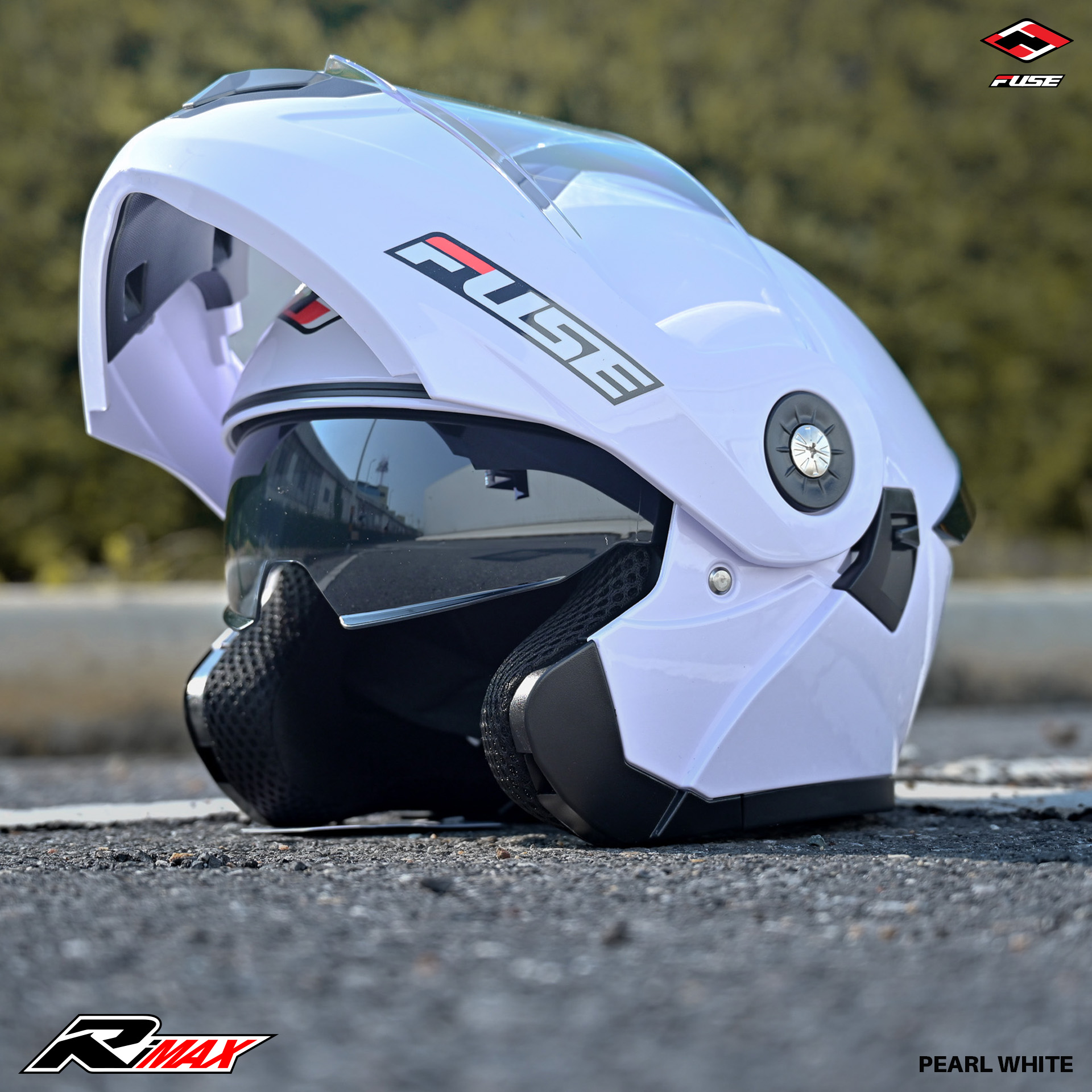 หมวกกันน็อคยกคาง FUSE รุ่น RIMAX แว่น2ชั้น น้ำหนักเบา สปอยเลอร์โฉบเฉี่ยว สี Pearl White