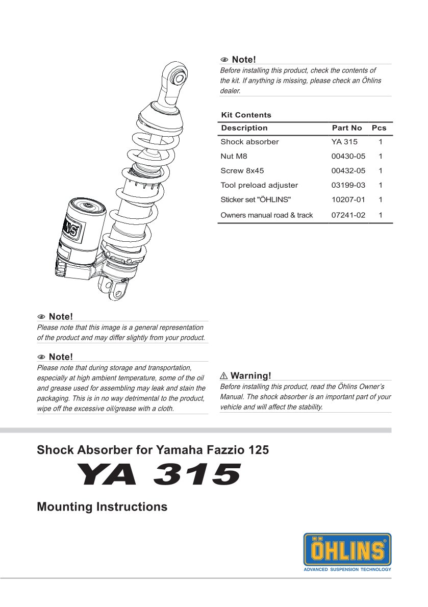 โช๊คหลังแต่ง Ohlins YA315 For Yamaha Fazzio 125 ปี 2022