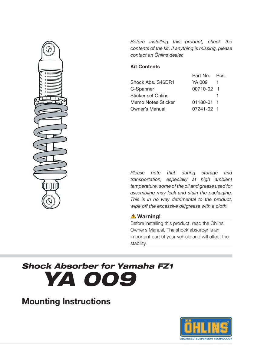 โช๊คหลังแต่ง Ohlins YA009 For Yamaha FZ 1 ปี 2006-2013