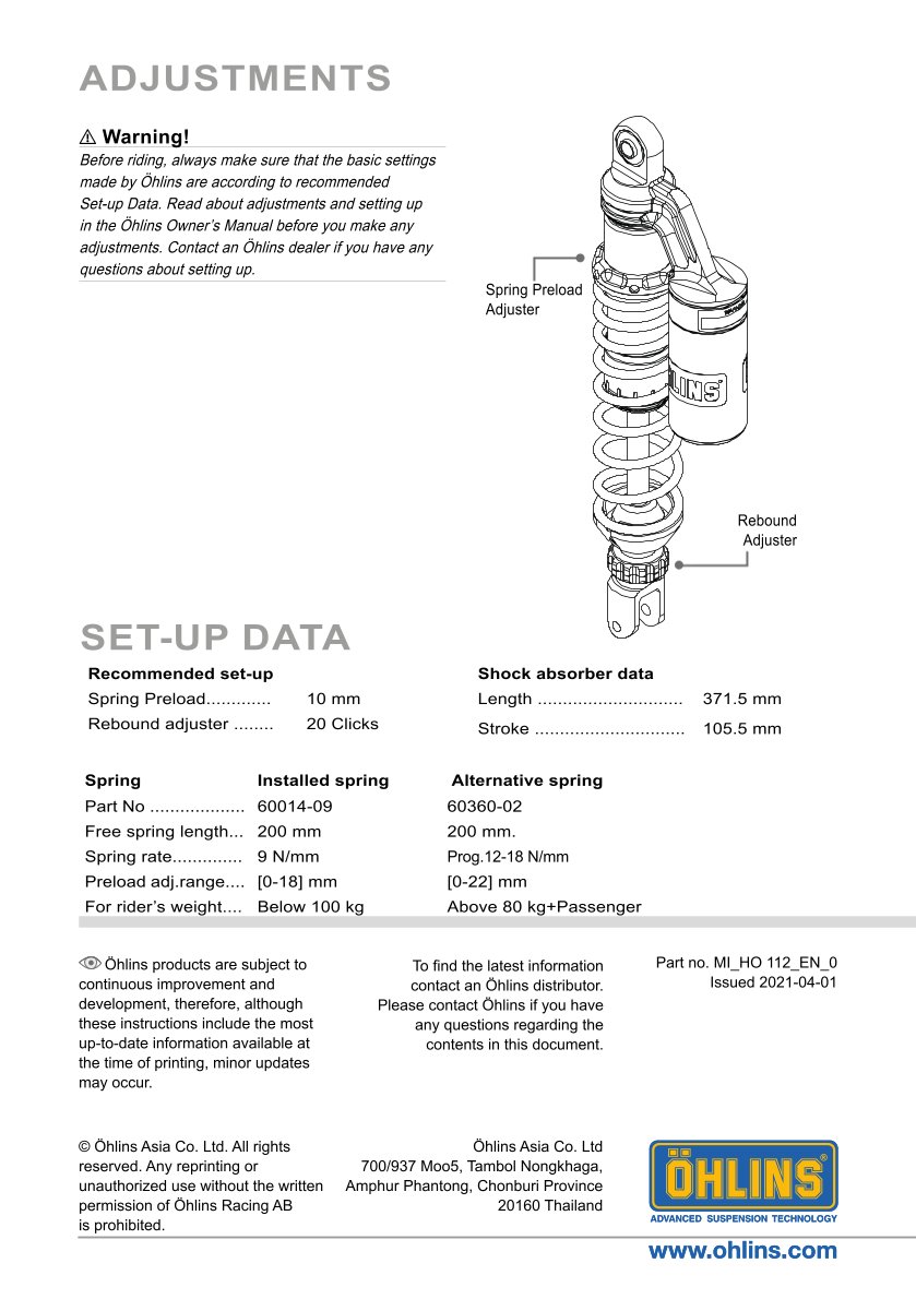 โช๊คหลังแต่ง Ohlins HO112 For Honda PCX 160 ปี 2021-2023