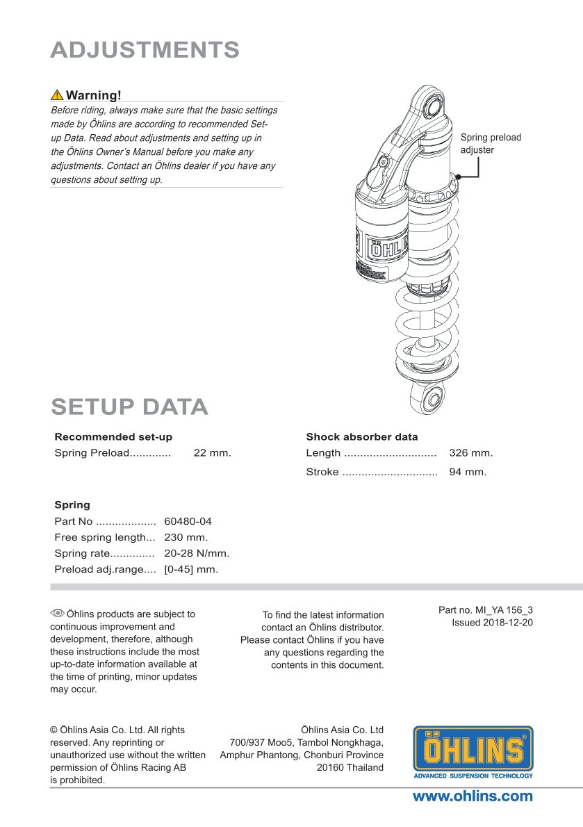 โช๊คหลังแต่ง Ohlins YA156 For Yamaha XJR 1300 ปี 1999-2005