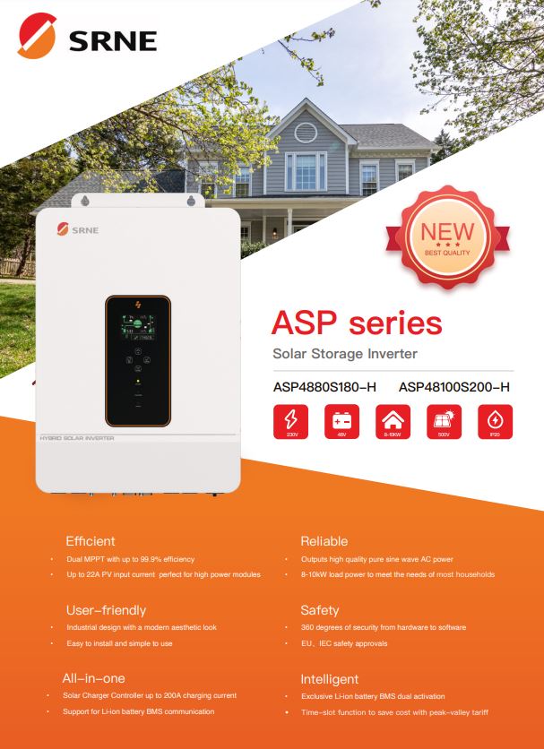 SRNE-Hybrid off grid Inverter 10kW รุ่น ASP48100S200-H (ออนกริดจากแผง/ทำงานแบบไม่ต่อแบตได้/ขนานเครื่องได้)