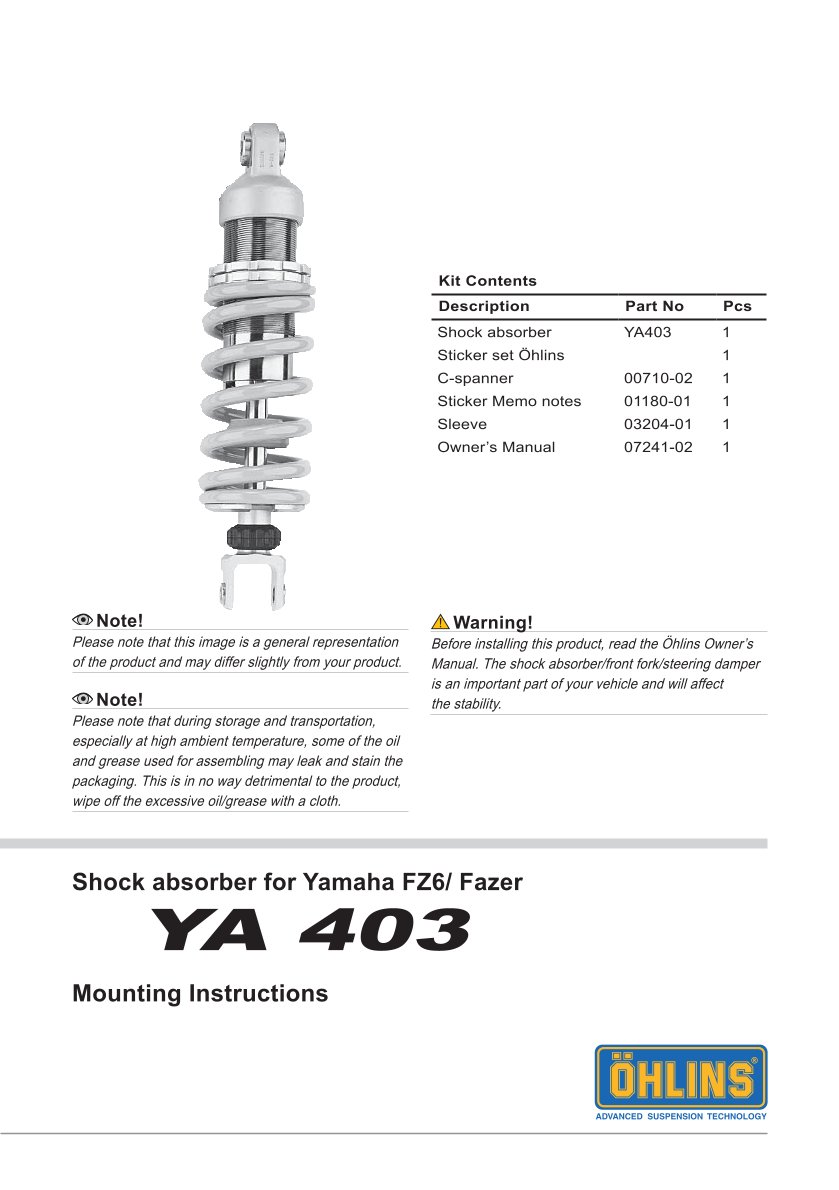 โช๊คหลังแต่ง Ohlins YA403 For Yamaha FZ6 S2 ปี 2007-2009